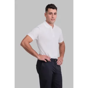 Polo básico unisex Norvil TOKIO en blanco, vista frontal, sobre modelo.