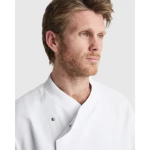 Chaqueta de cocina unisex Roly WRK Dabiz 4500, blanco, detalle del escote y el cierre con modelo