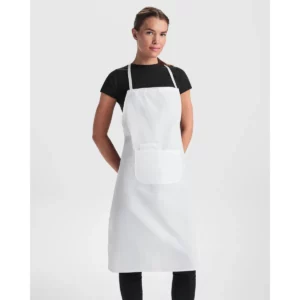 Delantal de popelín Roly WRK Ducasse 9129, blanco, vista frontal con modelo