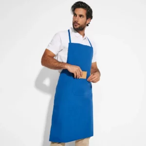 Delantal de popelín Roly WRK Ducasse 9129, royal, vista frontal royal con modelo