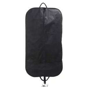 Funda para traje SOL’S PREMIER negra, desplegada con cremallera frontal.