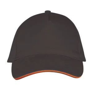 Gorra unisex SOL’S LONG BEACH 00594 en Gris oscuro/Naranja, frontal sin persona.