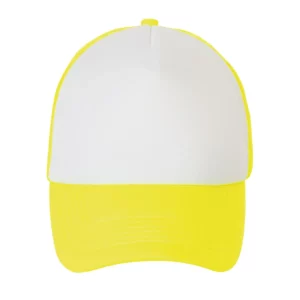 Gorra de malla unisex SOL’S BUBBLE 01668 en Blanco/Amarillo neón, frontal sin persona.