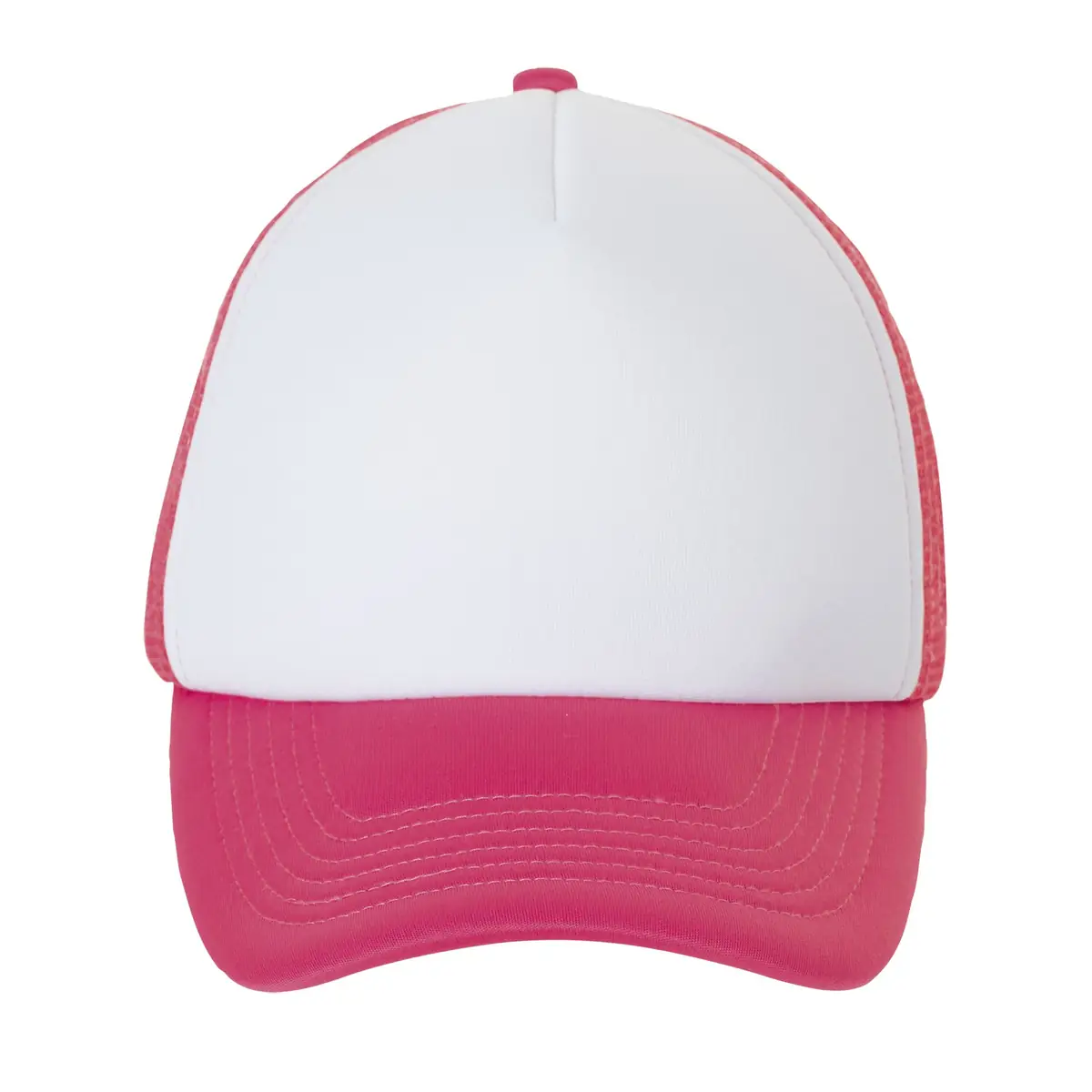 Gorra de malla unisex SOL’S BUBBLE 01668 6 Gorra de malla unisex SOL’S BUBBLE 01668 en Blanco/Neón coral, frontal sin persona.