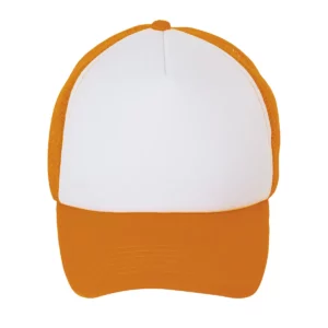 Gorra de malla unisex SOL’S BUBBLE 01668 en Blanco/Naranja flúor, frontal sin persona.