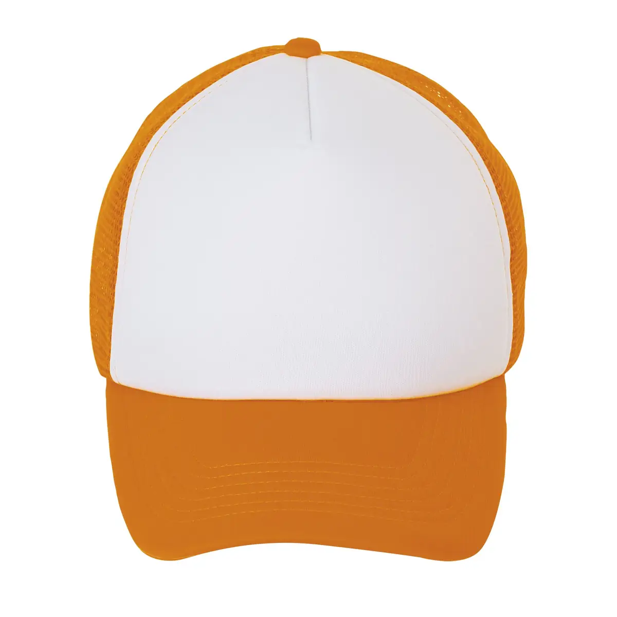 Gorra de malla unisex SOL’S BUBBLE 01668 9 Gorra de malla unisex SOL’S BUBBLE 01668 en Blanco/Naranja flúor, frontal sin persona.