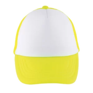 Gorra de malla infantil SOL’S BUBBLE KIDS 03091 en Blanco/Amarillo neón, frontal sin persona.