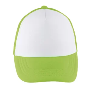 Gorra de malla infantil SOL’S BUBBLE KIDS 03091 en Blanco/Verde neón, frontal sin persona.