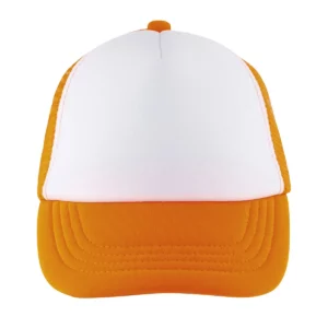 Gorra de malla infantil SOL’S BUBBLE KIDS 03091 en Blanco/Naranja flúor, frontal sin persona.