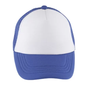 Gorra de malla infantil SOL’S BUBBLE KIDS 03091 en Blanco/Azul royal, frontal sin persona.