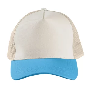 Gorra de malla unisex SOL’S BLINK 04451 en Blanco hueso/Aqua/Lino, frontal sin persona.