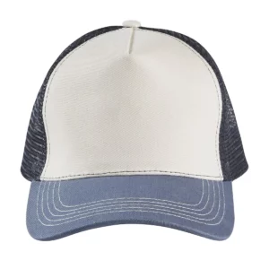 Gorra de malla unisex SOL’S BLINK 04451 en Blanco hueso/Denim/French marino, frontal sin persona.
