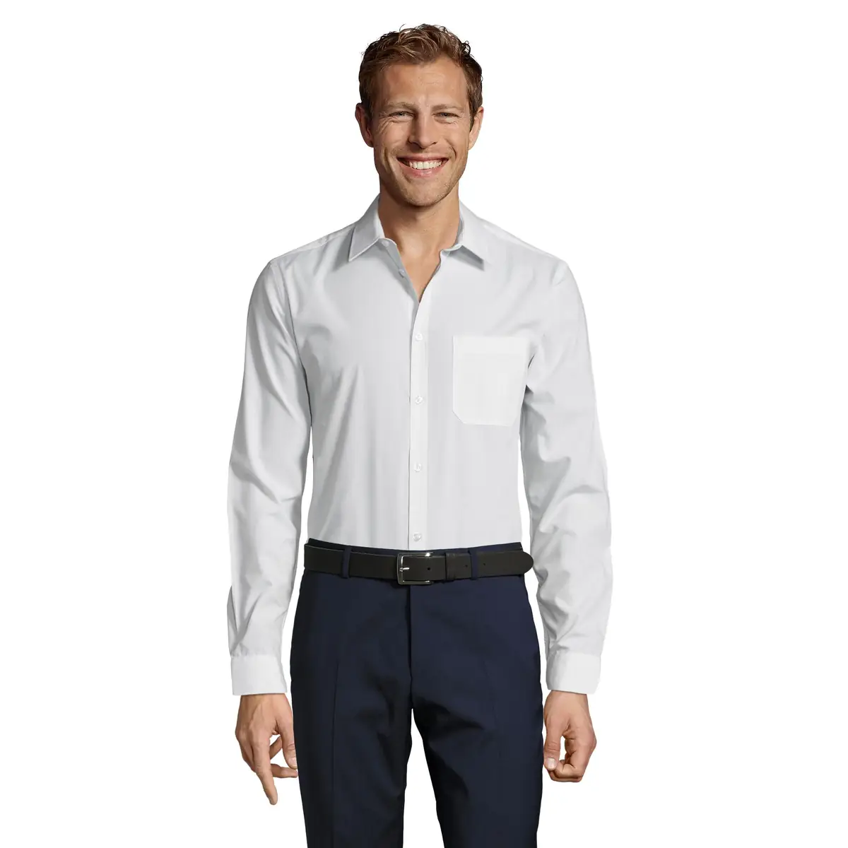 Camisa manga larga hombre SOL’S BALTIMORE FIT 02922 2 Camisa manga larga hombre SOL’S BALTIMORE FIT 02922 en Blanco, vista frontal con modelo.