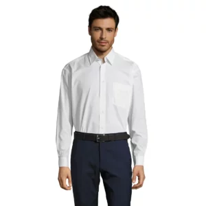 Camisa manga larga hombre SOL’S BALTIMORE 16040 en Blanco, vista frontal con modelo.