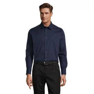 Camisa elástica manga larga SOL’S BRIGHTON 17000 en Azul oscuro, frontal con modelo.