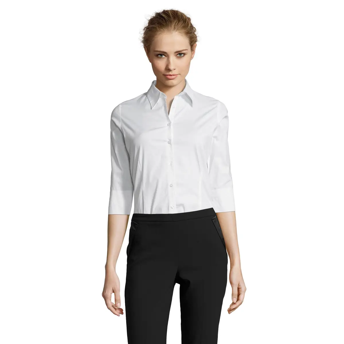 Camisa mujer manga 3/4 SOL’S EFFECT 17010 2 Camisa mujer manga 3/4 SOL’S EFFECT 17010 en Blanco, frontal con modelo.