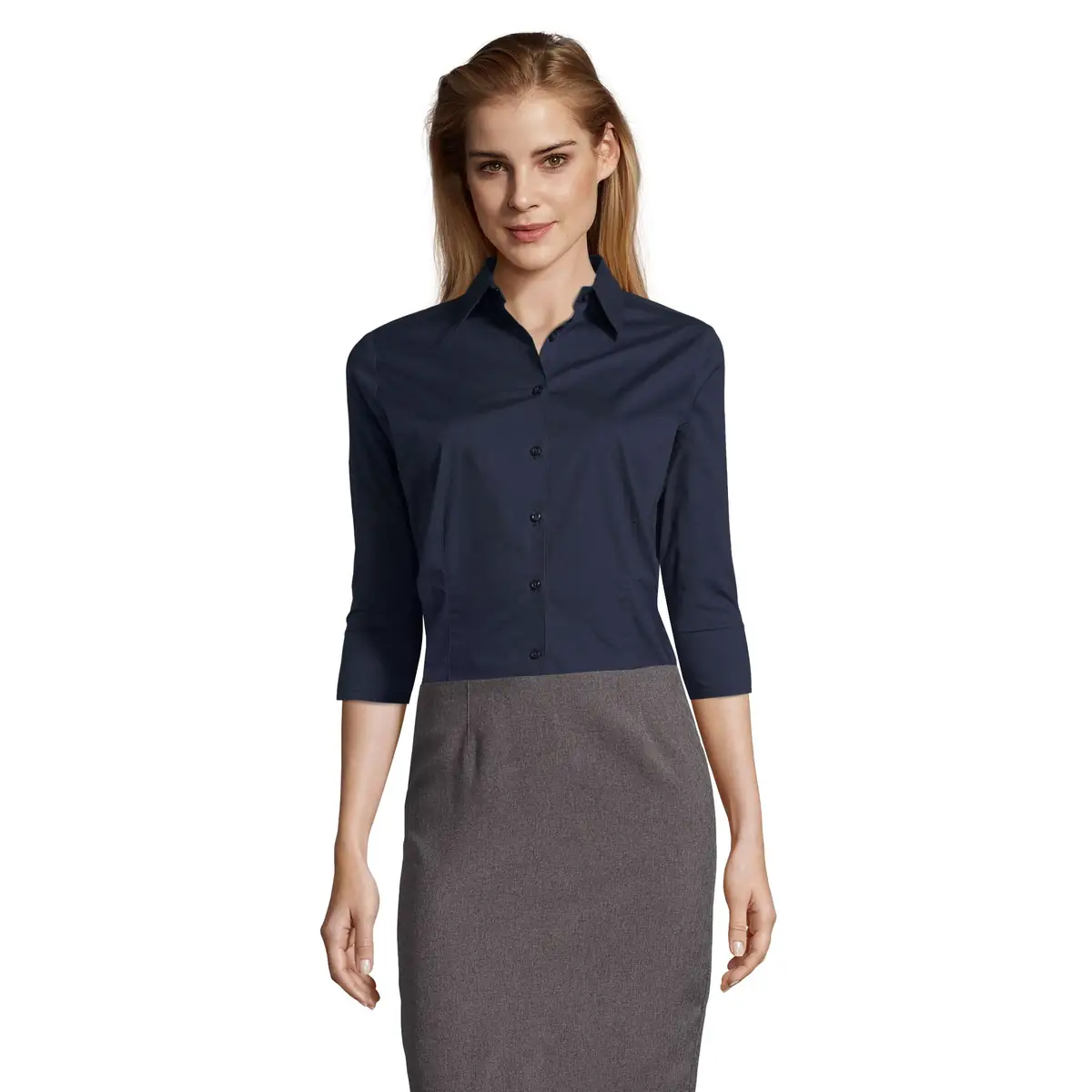 Camisa mujer manga 3/4 SOL’S EFFECT 17010 9 Camisa mujer manga 3/4 SOL’S EFFECT 17010 en Azul oscuro, frontal con modelo.
