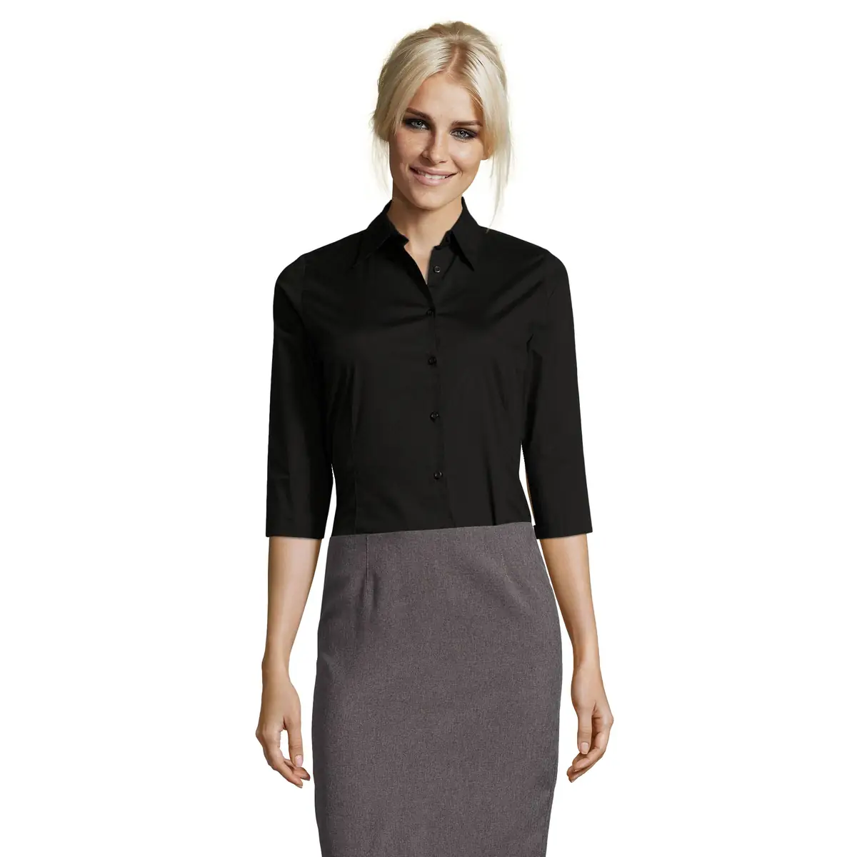 Camisa mujer manga 3/4 SOL’S EFFECT 17010 7 Camisa mujer manga 3/4 SOL’S EFFECT 17010 en Negro, frontal con modelo.