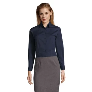 Camisa mujer manga larga SOL’S EDEN 17015 en Azul oscuro, frontal con modelo.
