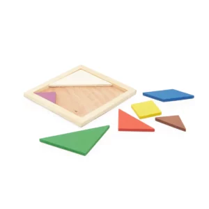 Tangram de madera Stamina Leis 0111, crudo, vista de las piezas fuera del marco