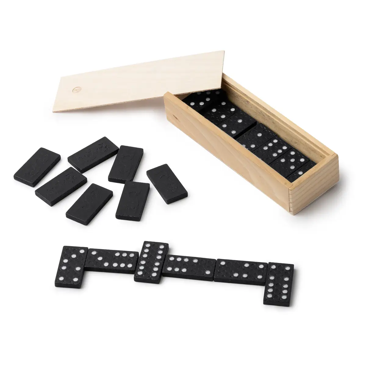 Dominó de madera Stamina Domis 1013 2 Dominó de madera Stamina Domis 1013, crudo, vista de la caja abierta y las piezas de dominó