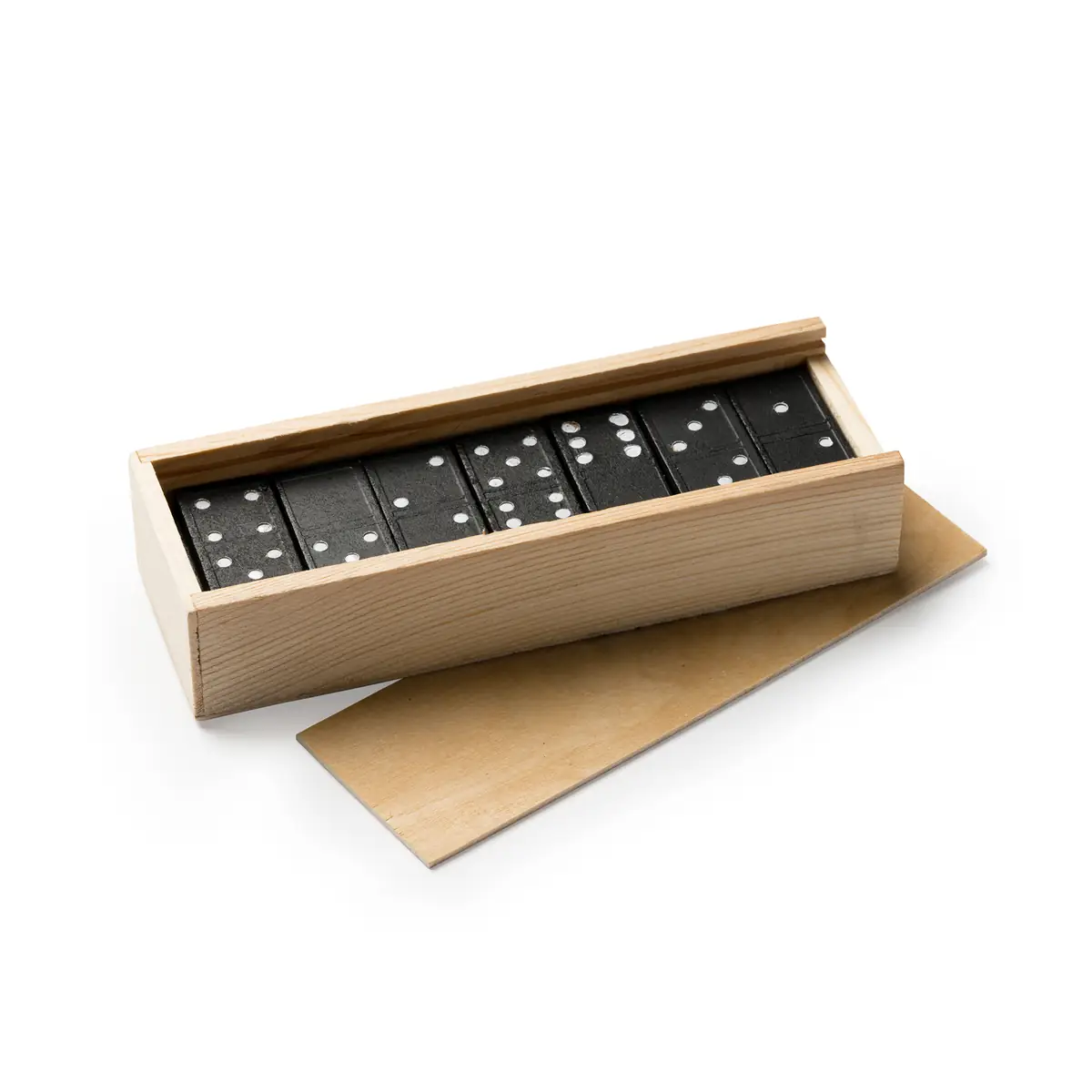 Dominó de madera Stamina Domis 1013 1 Dominó de madera Stamina Domis 1013, crudo, vista frontal de la caja abierta con las piezas