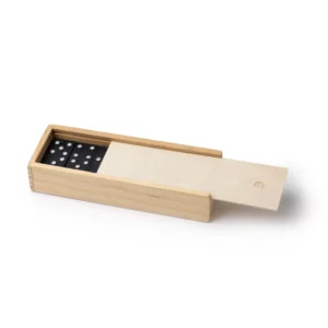 Dominó de madera Stamina Domis 1013, crudo, vista de la caja con la tapa parcialmente abierta