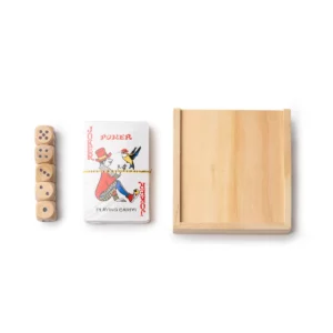 Set de juegos Stamina Brisca 1016, crudo, vista de la baraja y los dados fuera de la caja
