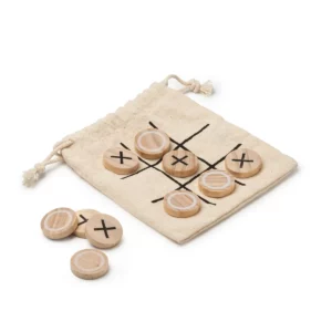 Juego tres en raya Stamina Pensy 1035, crudo, vista de las fichas sobre la bolsa con el tablero