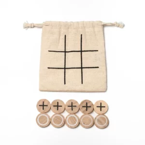 Juego tres en raya Stamina Pensy 1035, crudo, vista frontal de la bolsa con el tablero y las diez fichas