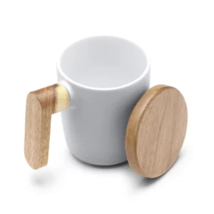 Taza con asa de bambú Stamina Lovet 1130, blanco, vista de la taza abierta y de la tapa en perspectiva