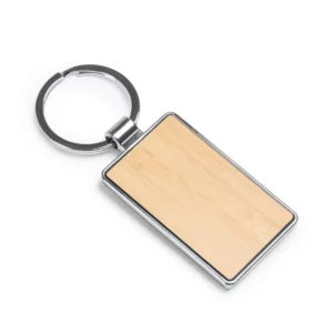 Llavero de bambú y metal Stamina Karby 1147, diseño rectangular, vista del llavero en perspectiva
