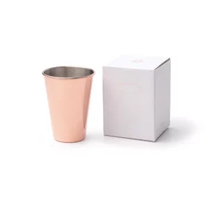 Vaso de acero Stamina Fernet 1162, cobre, vista del vaso junto a su caja de diseño