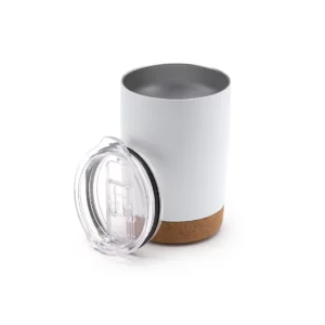 Vaso de acero reciclado Stamina Kilvex 1172, blanco, vista del vaso abierto junto a la tapa