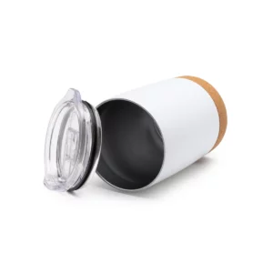Vaso de acero reciclado Stamina Kilvex 1172, blanco, vista del vaso tumbado junto a la tapa