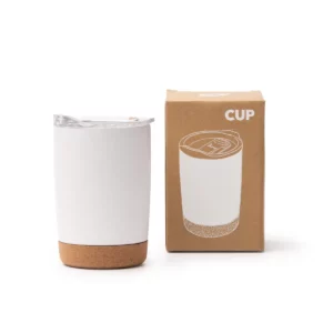 Vaso de acero reciclado Stamina Kilvex 1172, blanco, vista del vaso junto a su caja de diseño