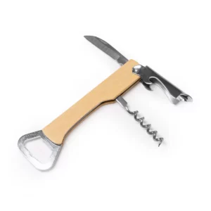 Abridor con sacacorchos Stamina Saipan 1234, crudo, vista del utensilio con los accesorios desplegados