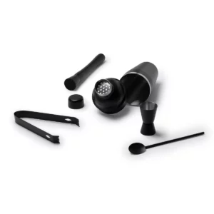 Set de cóctel Stamina Pisco 1279, negro, vista de la coctelera abierta y de los accesorios