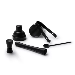 Set de cóctel Stamina Pisco 1279, negro, vista del set con las piezas de la coctelera separadas