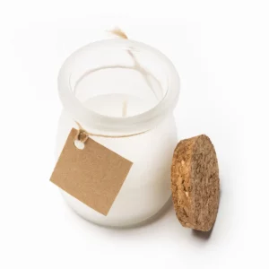 Vela aromática Stamina Surna 1313, blanco, vista de la vela abierta y el tapón
