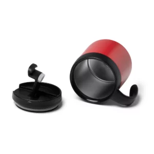 Taza térmica Stamina Vake 1358, rojo, vista de la taza tumbada junto a la tapa abierta