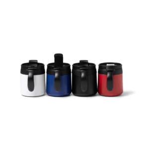 Taza térmica Stamina Vake 1358, vista conjunta de los cuatro colores con las tapas colocadas