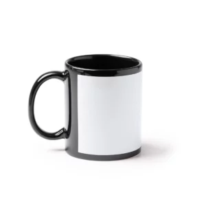 Taza negra para sublimar Stamina Lixi 1363, negro, vista de la taza en perspectiva con la zona blanca visible