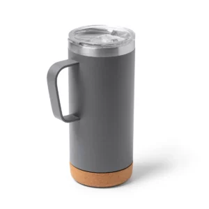 Taza de acero reciclado Stamina Beyron 1368, plomo, vista de la taza en perspectiva con la tapa colocada