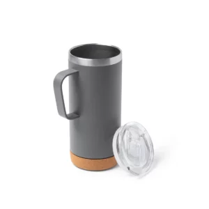 Taza de acero reciclado Stamina Beyron 1368, plomo, vista de la taza abierta junto a la tapa