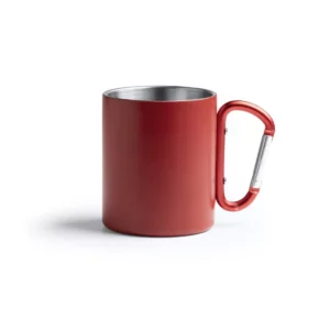 Taza con mosquetón Stamina Nasik 1369, rojo, vista de la taza con el mosquetón a la derecha