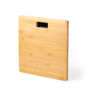 Báscula digital de bambú Stamina Tadeus 1378, crudo, vista de la báscula apoyada en vertical