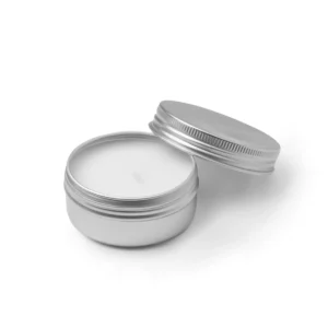 Vela de citronela Stamina Delax 1479, plata, vista de la vela abierta con la tapa