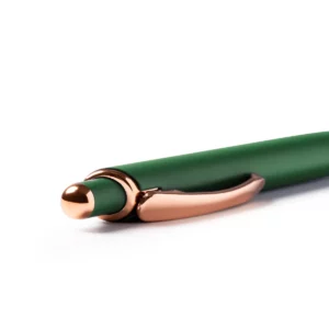 Bolígrafo metálico Stamina Perla 1489, verde oscuro, detalle del pulsador y el clip