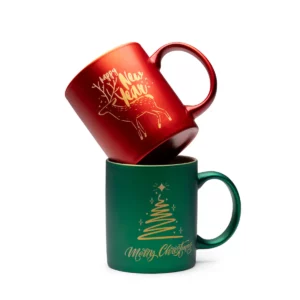 Taza de cerámica para láser Stamina Marty 1509, composición de dos tazas con ejemplos de marcaje navideño